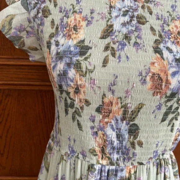 August Sky Floral Empire Waist Flutter Sleeve Smocked Bodice Tiered Maxi Size M - Picture 2 of 8